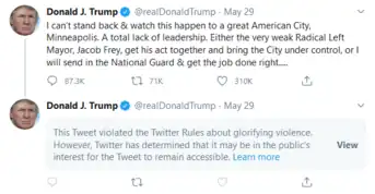 Two tweets by Donald Trump. One tweet is visible, with the other hidden by a label that says "This Tweet violated the Twitter Rules about glorifying violence. However, Twitter has determined that it may be in the public's interest for the Tweet to remain accessible."