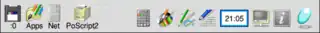 Screenshot of the icon bar under RISC OS 5 showing the following: Left portion, from left&nbsp;–  Discs (in this case a single USB flash drive via SCSIFS), Apps folder (Resources:$.Apps), OmniClient (Network Filer), Printers, Right portion, from right&nbsp;–  Task Manager, Help, Display Manager, Alarm, Edit, Draw, Paint, SciCalc