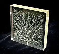 High-voltage breakdown within a 4&nbsp;in (100&nbsp;mm) block of acrylic glass creates a fractal Lichtenberg figure