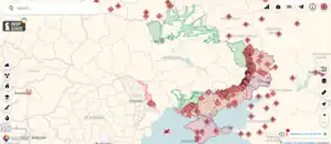 A digital map of Ukraine with areas occupied by Russia on 29 February 2024 in red, and areas regained by Ukraine in green