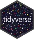 A black hexagon logo with the word "tidyverse" in white letter in the middle, while having smaller colorful hexagons throughout the larger black hexagon logo