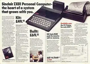 A two-page advertising spread showing the ZX81 with a 16&nbsp;KB RAM pack and ZX Printer attached, next to the headline "Sinclair ZX81 Personal Computer – the heart of a system that grows with you"